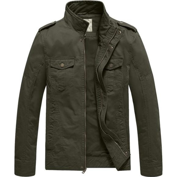 Men's Casual Washed Cotton Military Jacket, Army Green - Picture 1 of 6